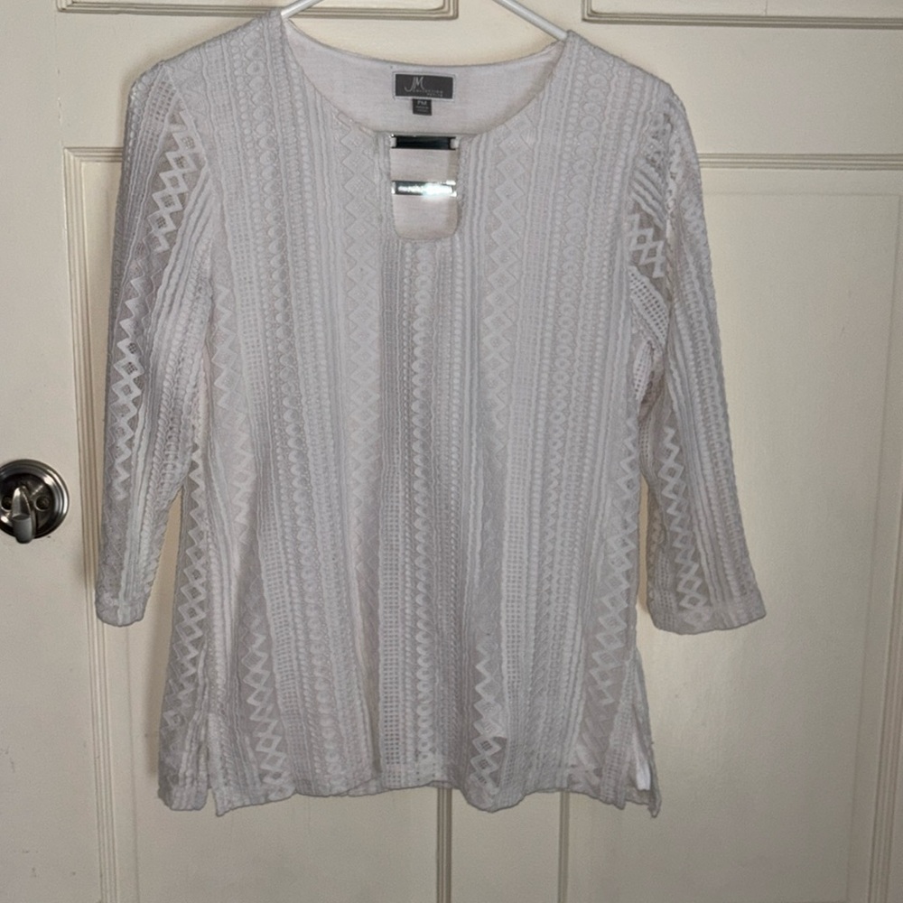 JM Collection women’s white blouse Petite RN 114068lace texture overlay look